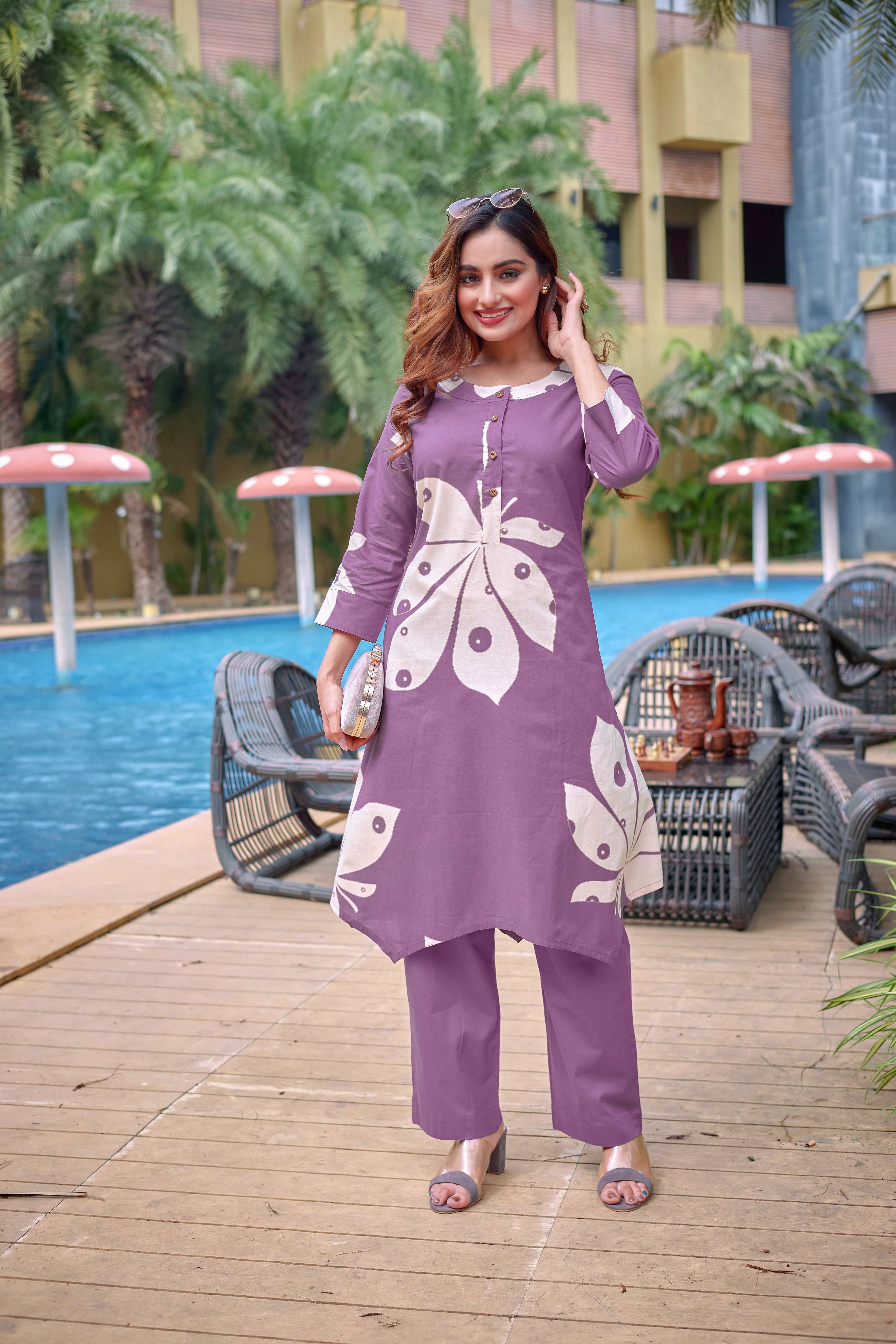 Kavya Lilac Co-ord Set in 100% Cotton – Printed Kurta & Pants for Women