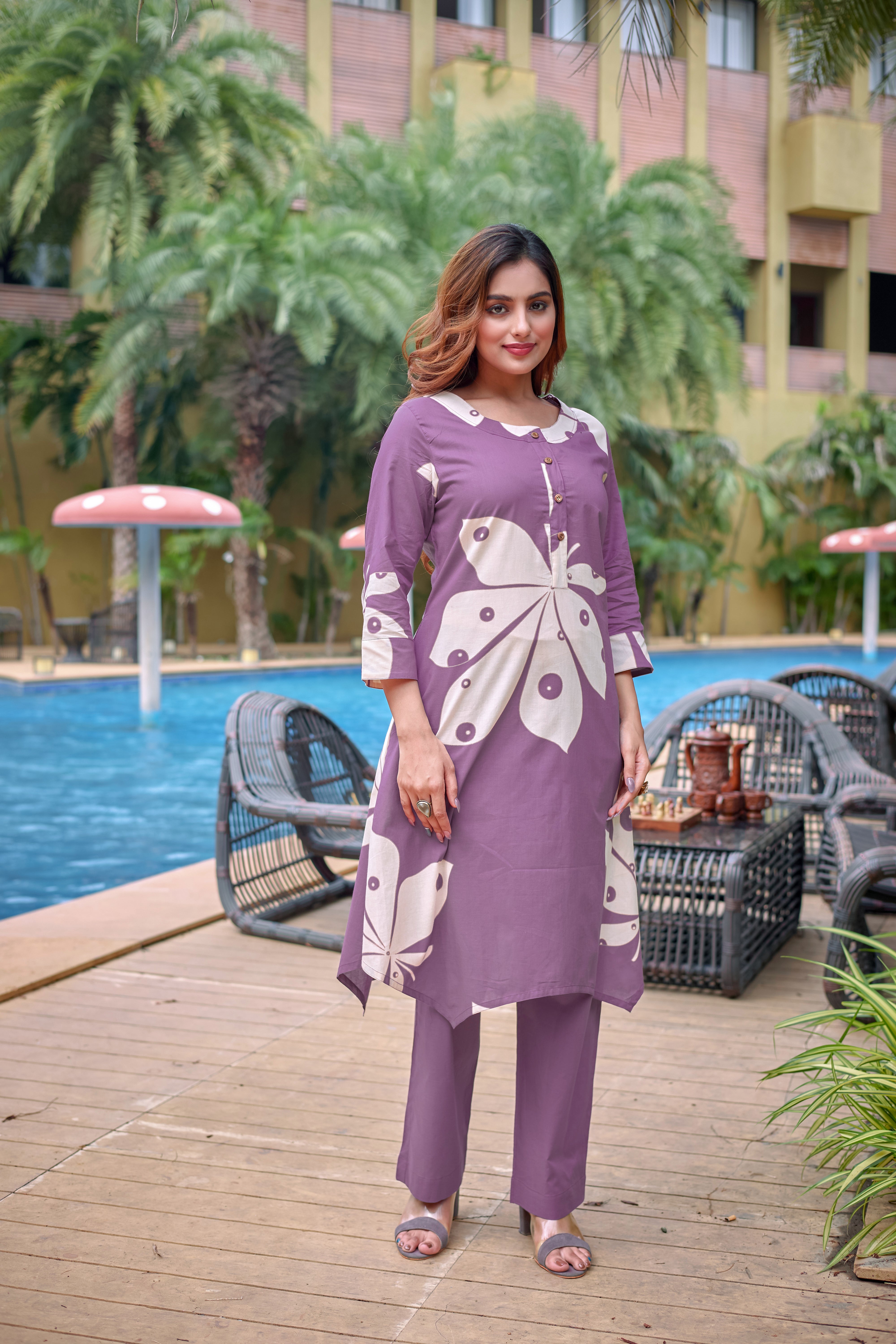 Kavya Lilac Co-ord Set in 100% Cotton – Printed Kurta & Pants for Women