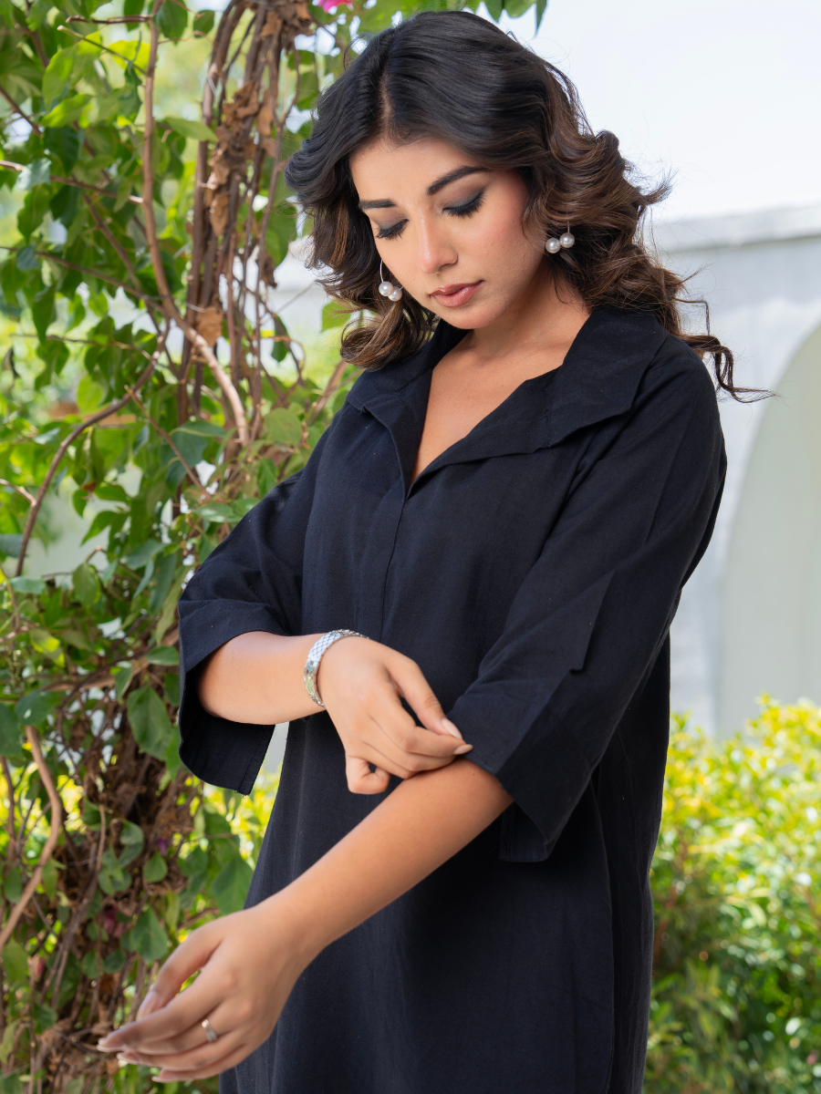 Black Relaxed Linen‑Cotton High‑Low Shirt Dress – Breathable, Sustainable Style