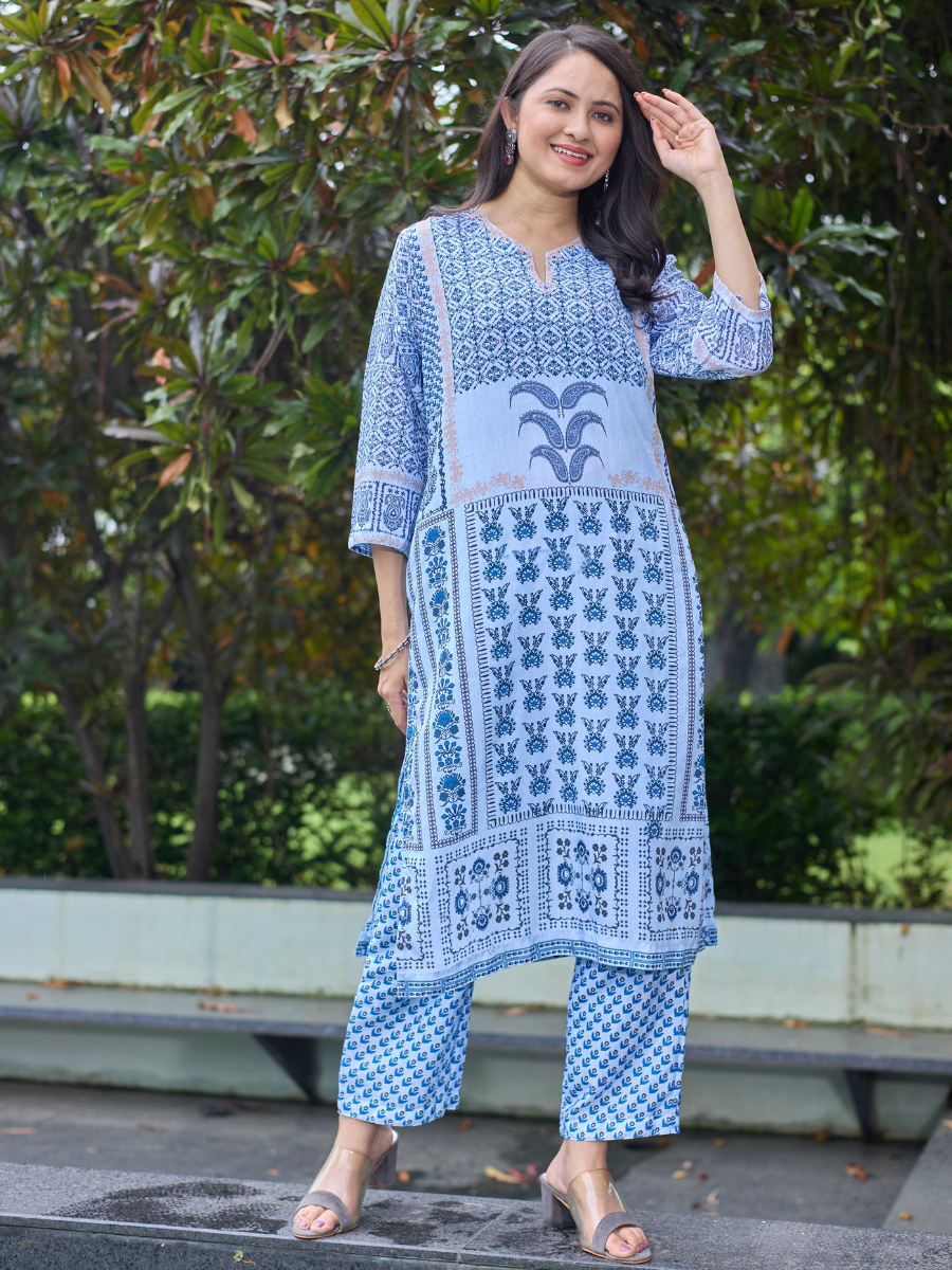 Kaaya Indigo Harmony Printed Crape Kurta Set – Kaaya Collection (L–4XL)