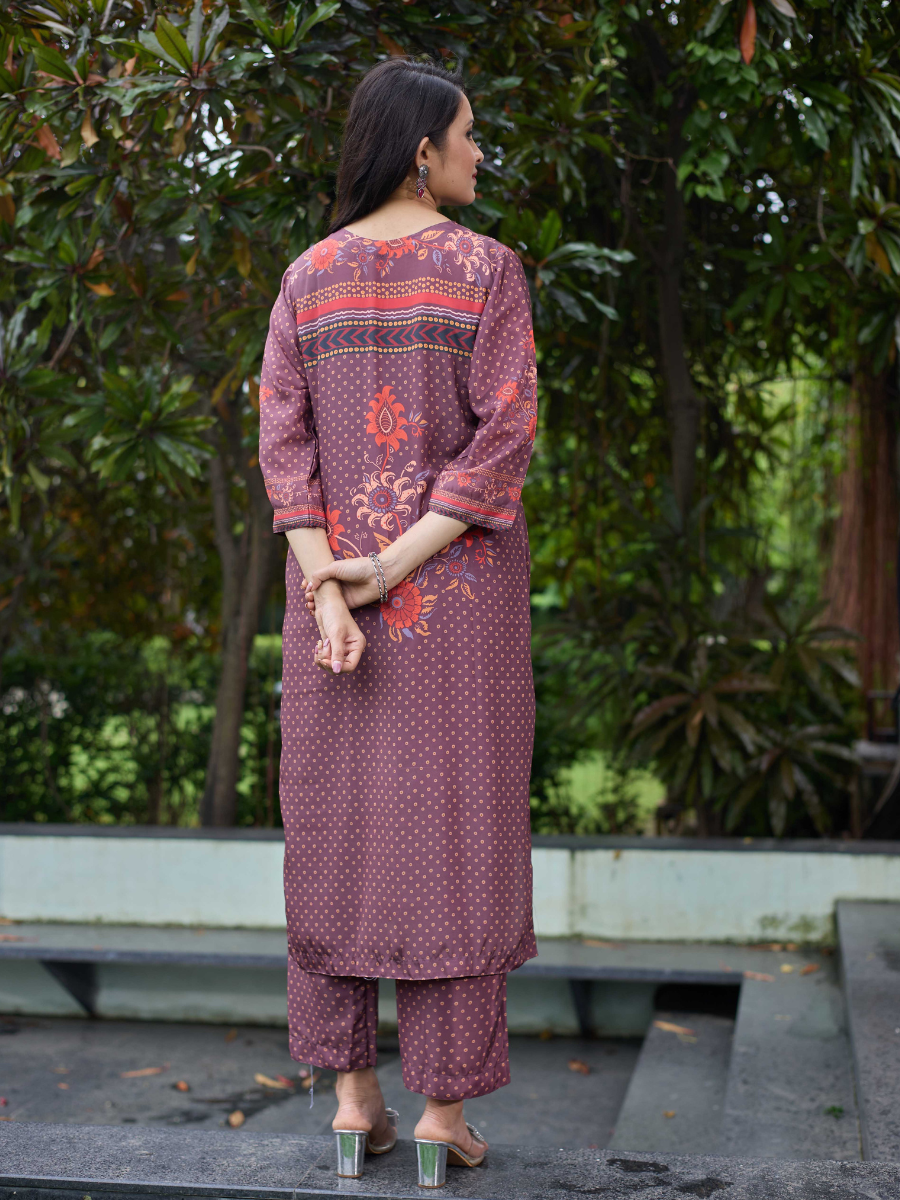 Kaaya Plum Printed Crape Co-Ord Set | Soft Crape Kurta with Pants for Women