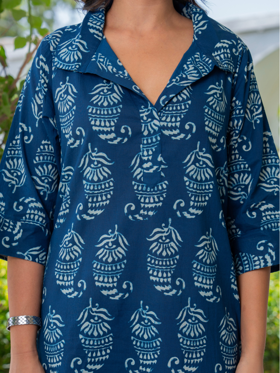 Indigo Hand Block Printed Cotton Shirt Dress – High-Low Hem & Pockets