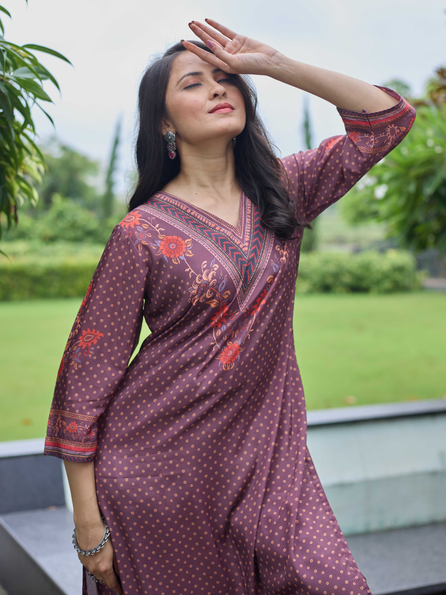 Kaaya Plum Printed Crape Co-Ord Set | Soft Crape Kurta with Pants for Women