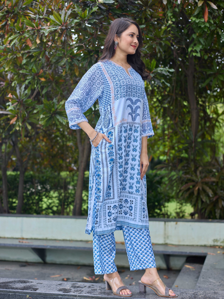 Kaaya Indigo Harmony Printed Crape Kurta Set – Kaaya Collection (L–4XL)