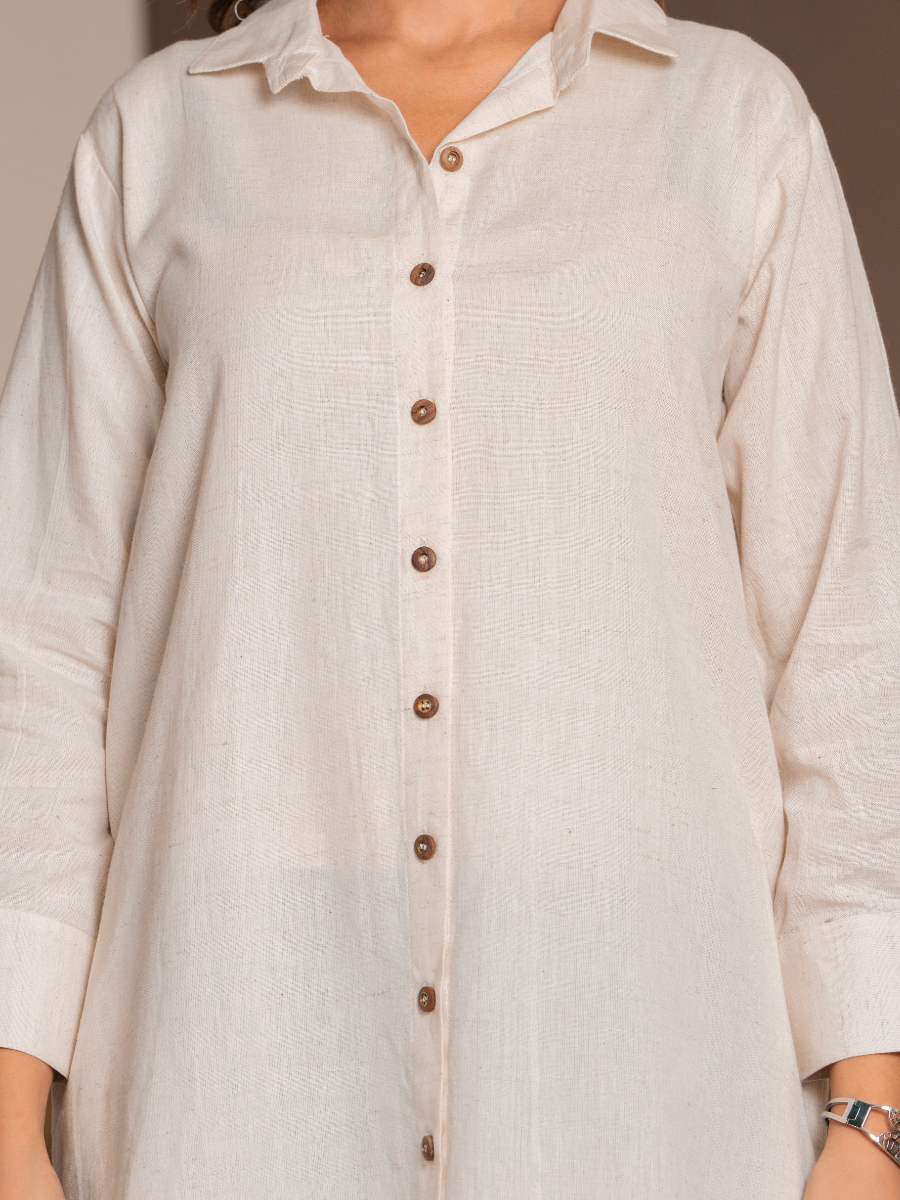 Beige Linen-Cotton Shirt Dress for Women – Minimal Elegance