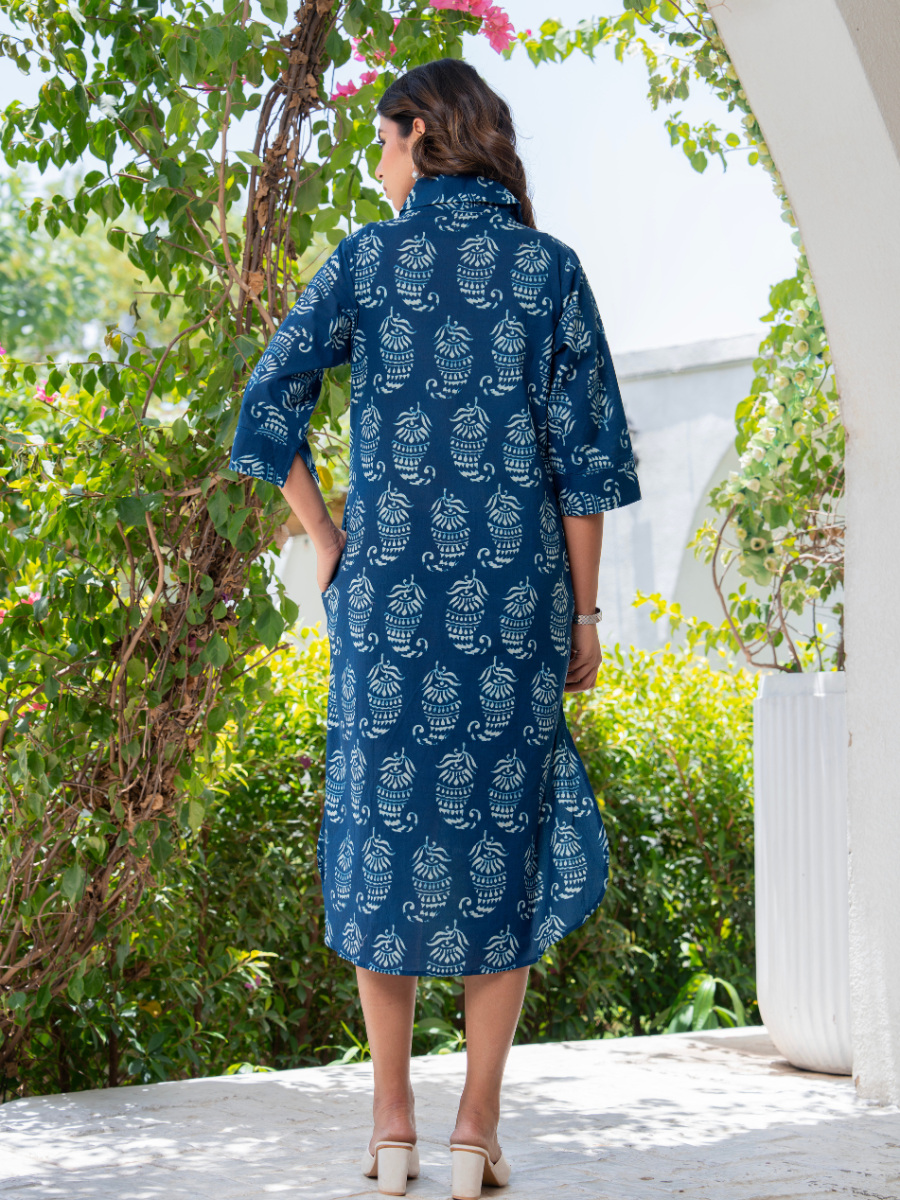 Indigo Hand Block Printed Cotton Shirt Dress – High-Low Hem & Pockets
