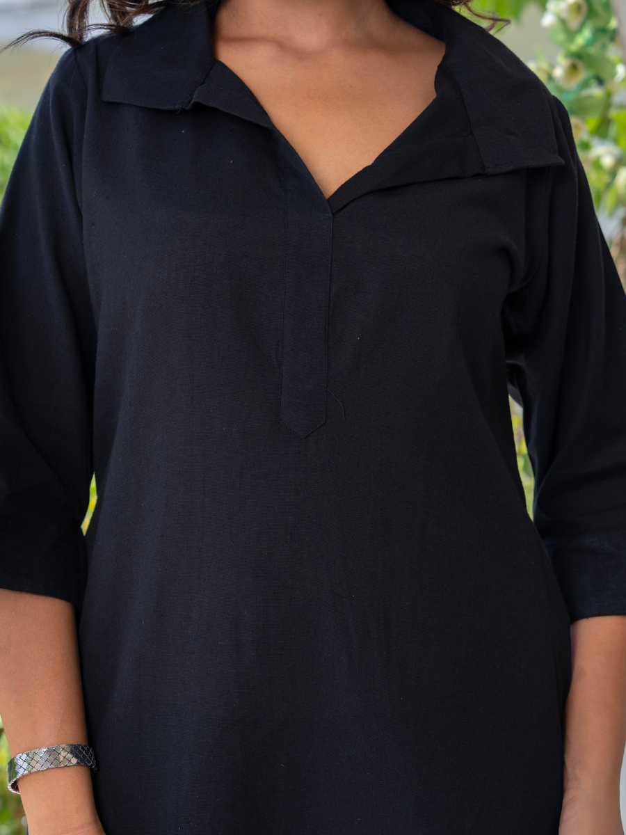 Black Relaxed Linen‑Cotton High‑Low Shirt Dress – Breathable, Sustainable Style