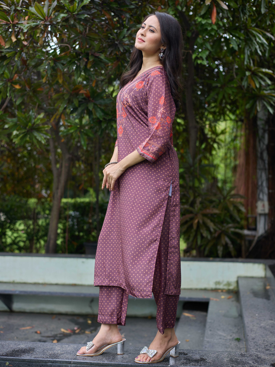 Kaaya Plum Printed Crape Co-Ord Set | Soft Crape Kurta with Pants for Women