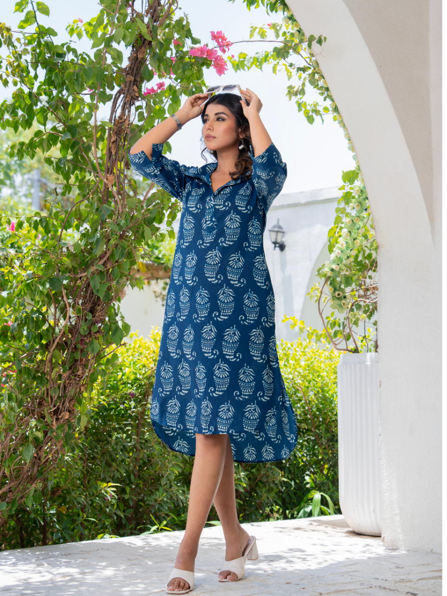 Indigo Hand Block Printed Cotton Shirt Dress – High-Low Hem & Pockets