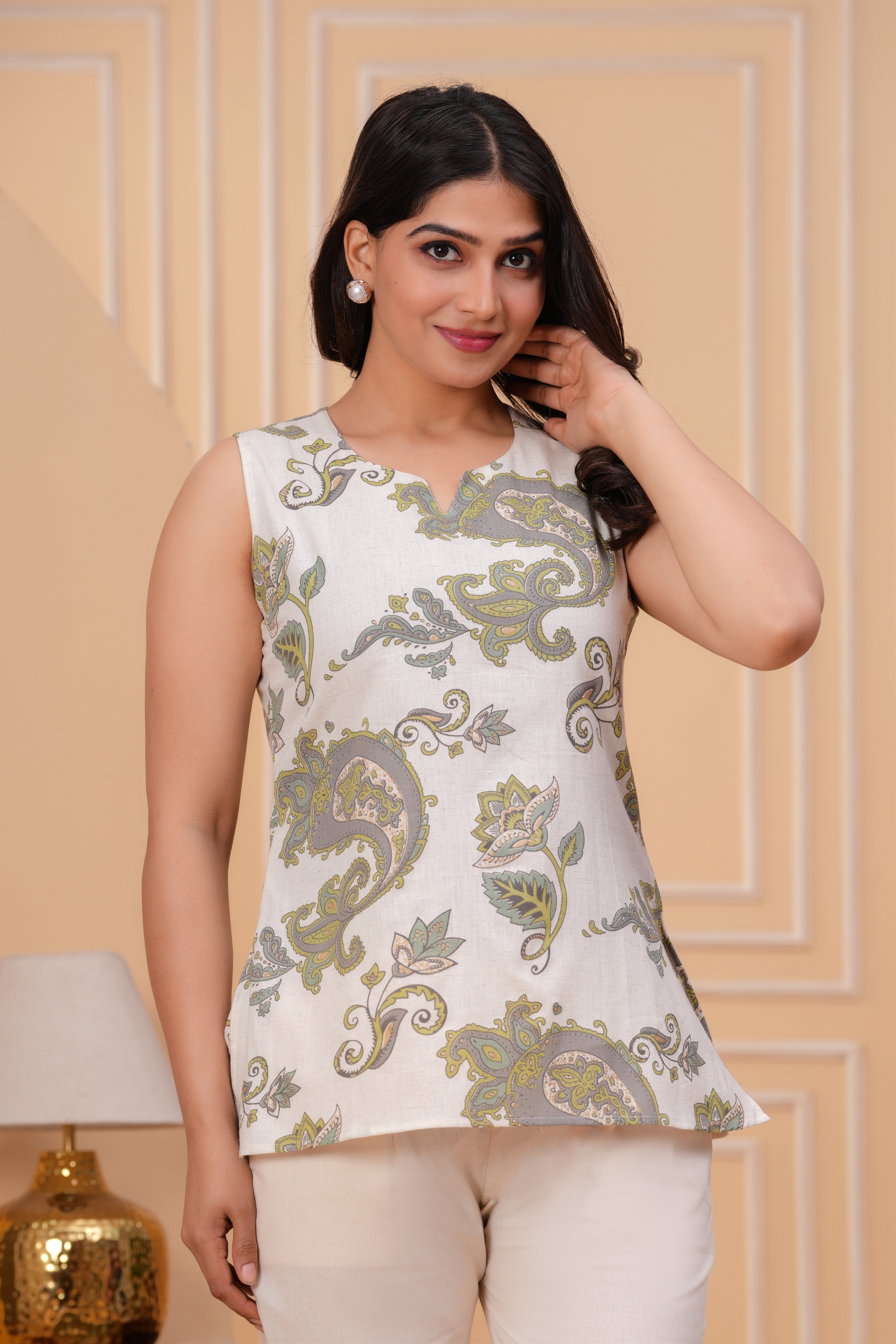 Printed Linen Sleeveless Short Kurta