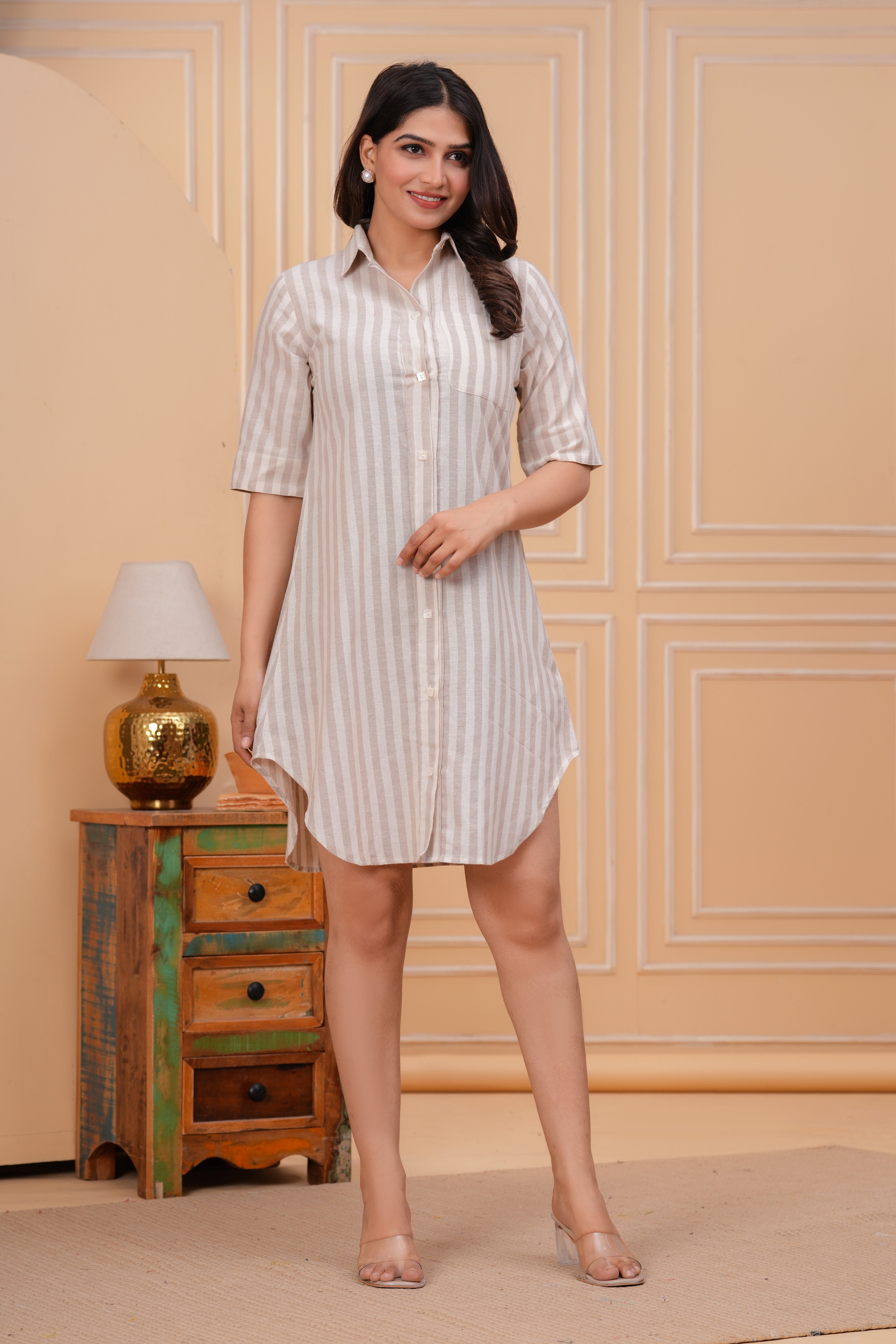Beige Linen Striped Short Kurti Dress