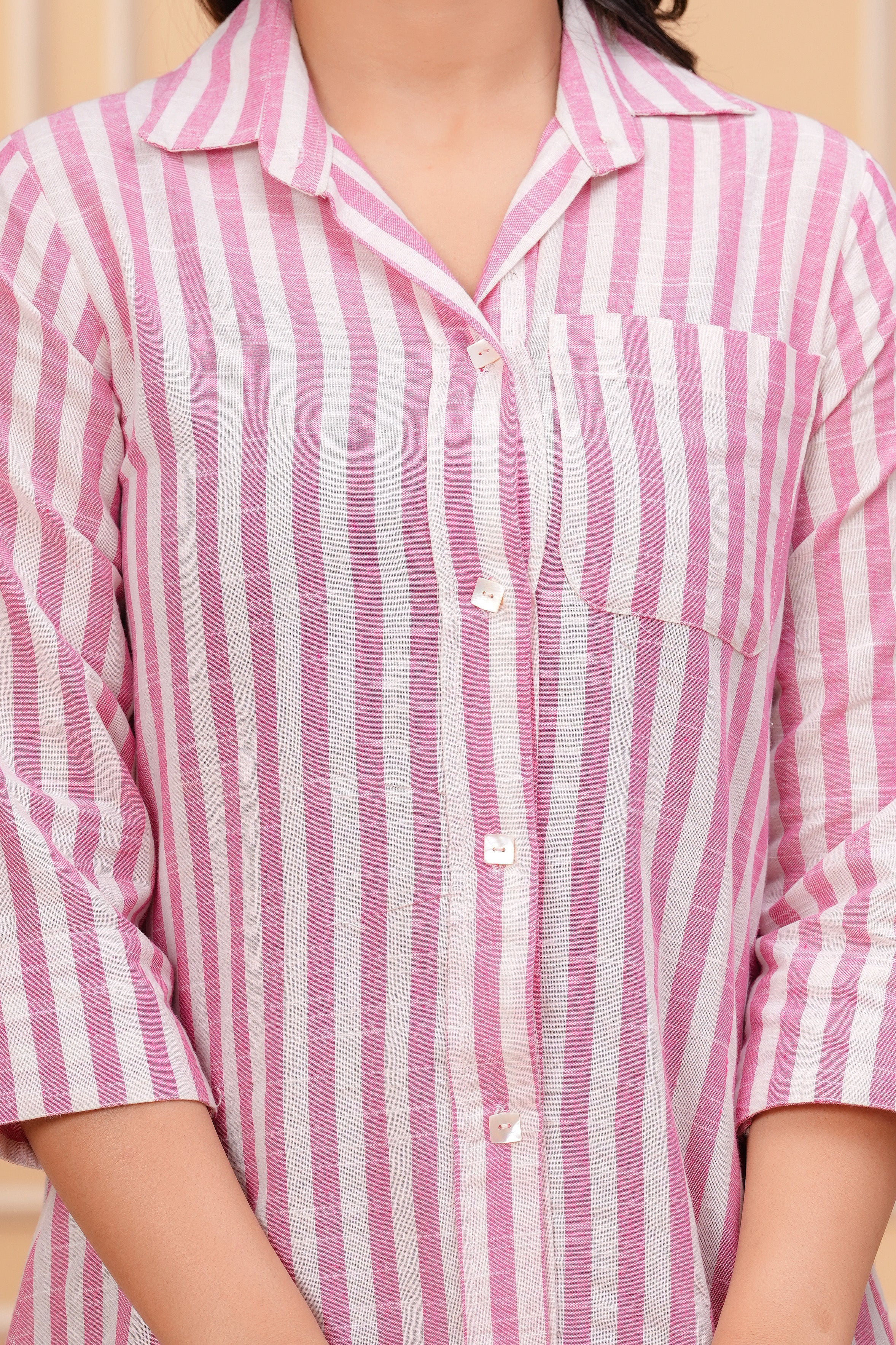 Pink Striped Linen Short Kurti Dress