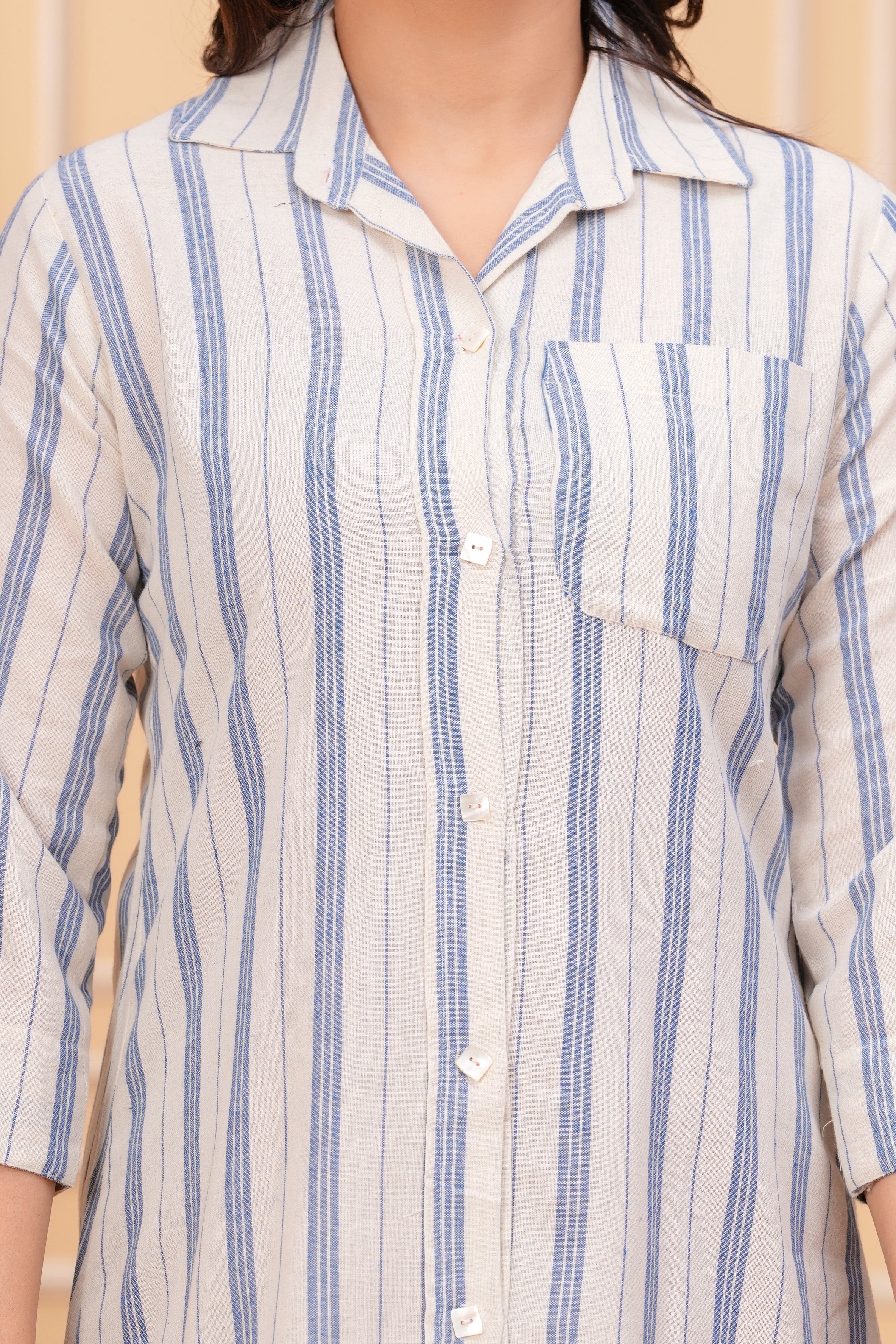 Beige Striped Linen Short Kurti Dress