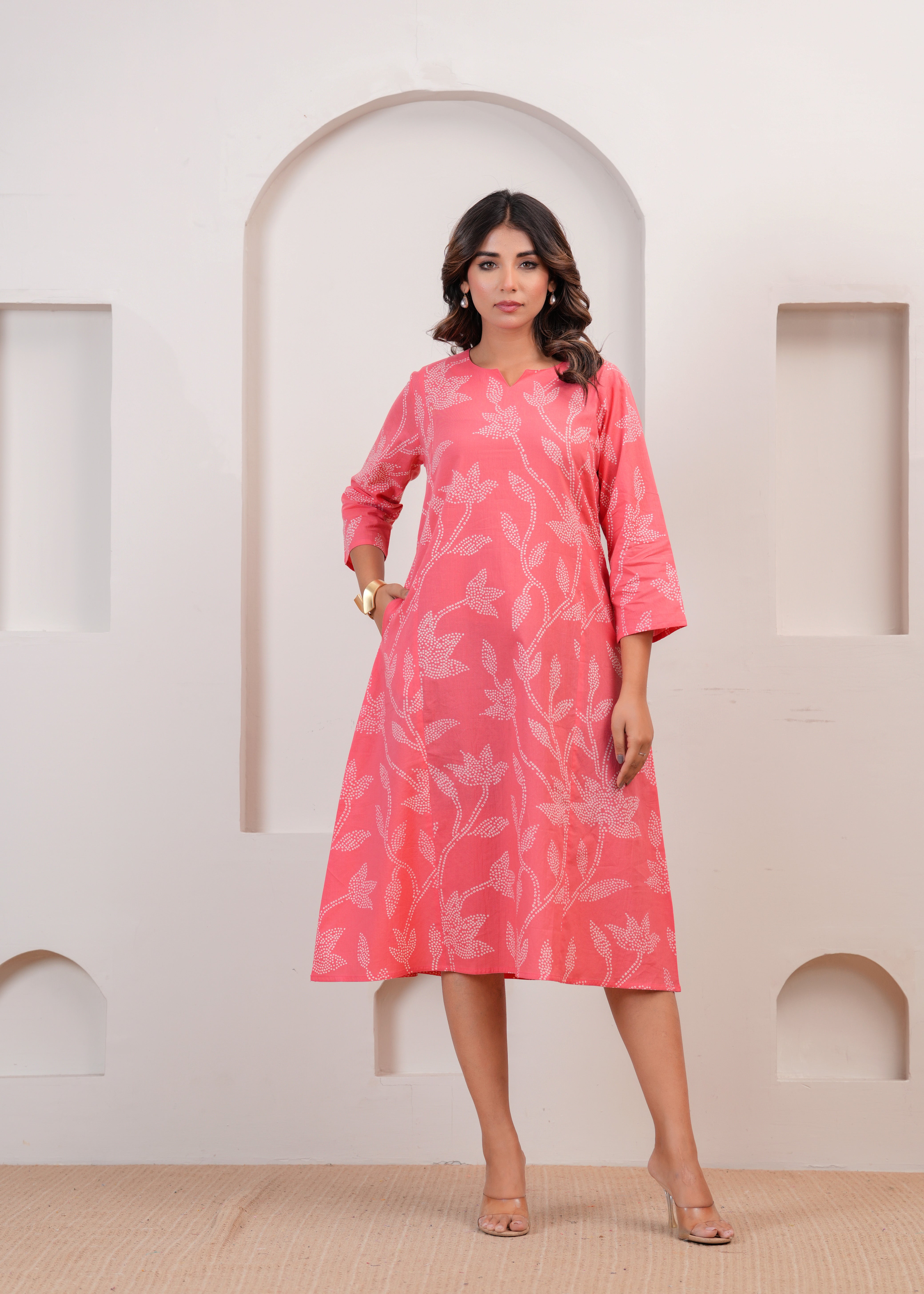 Coral Pink Floral A-line Dress