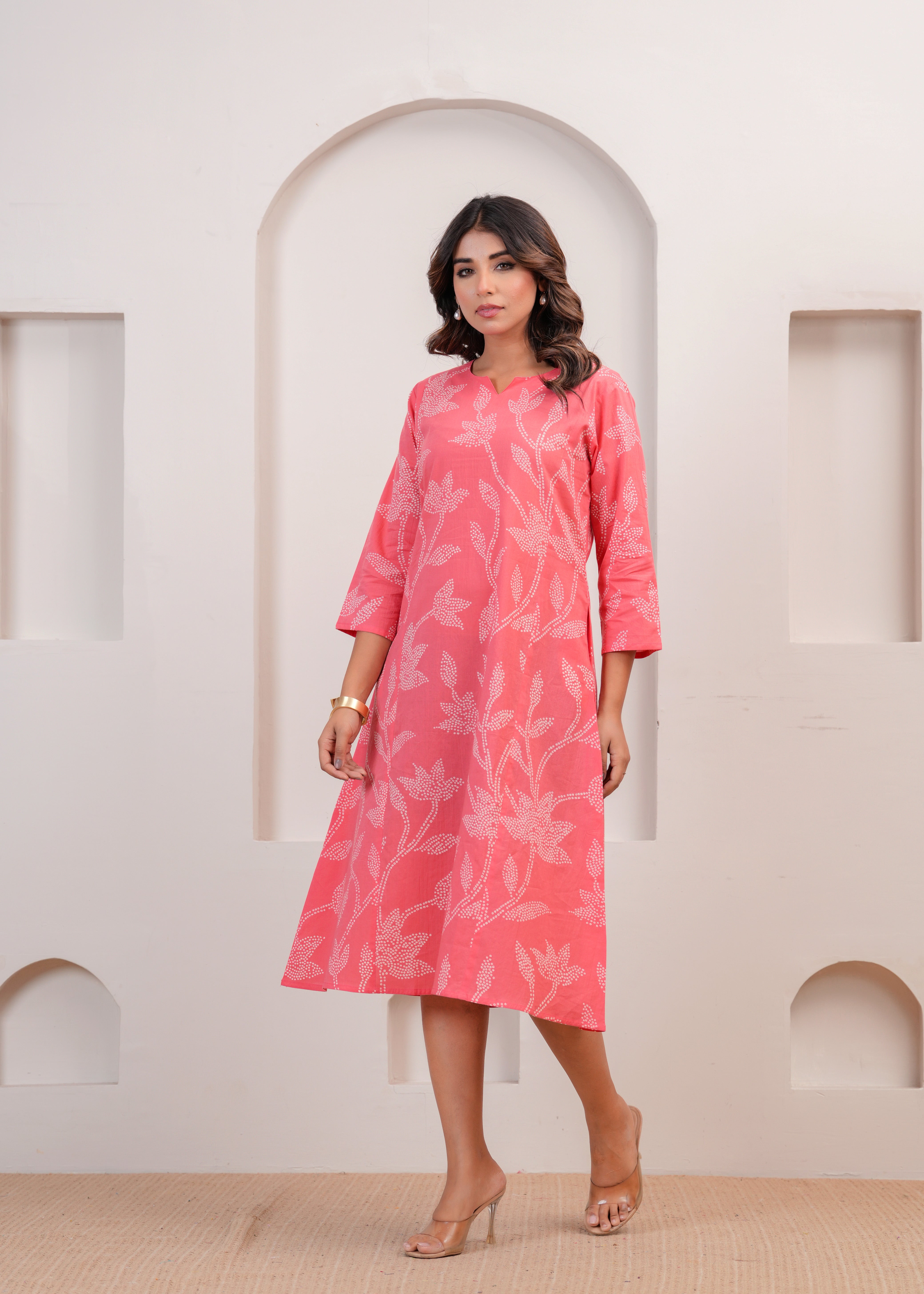 Coral Pink Floral A-line Dress