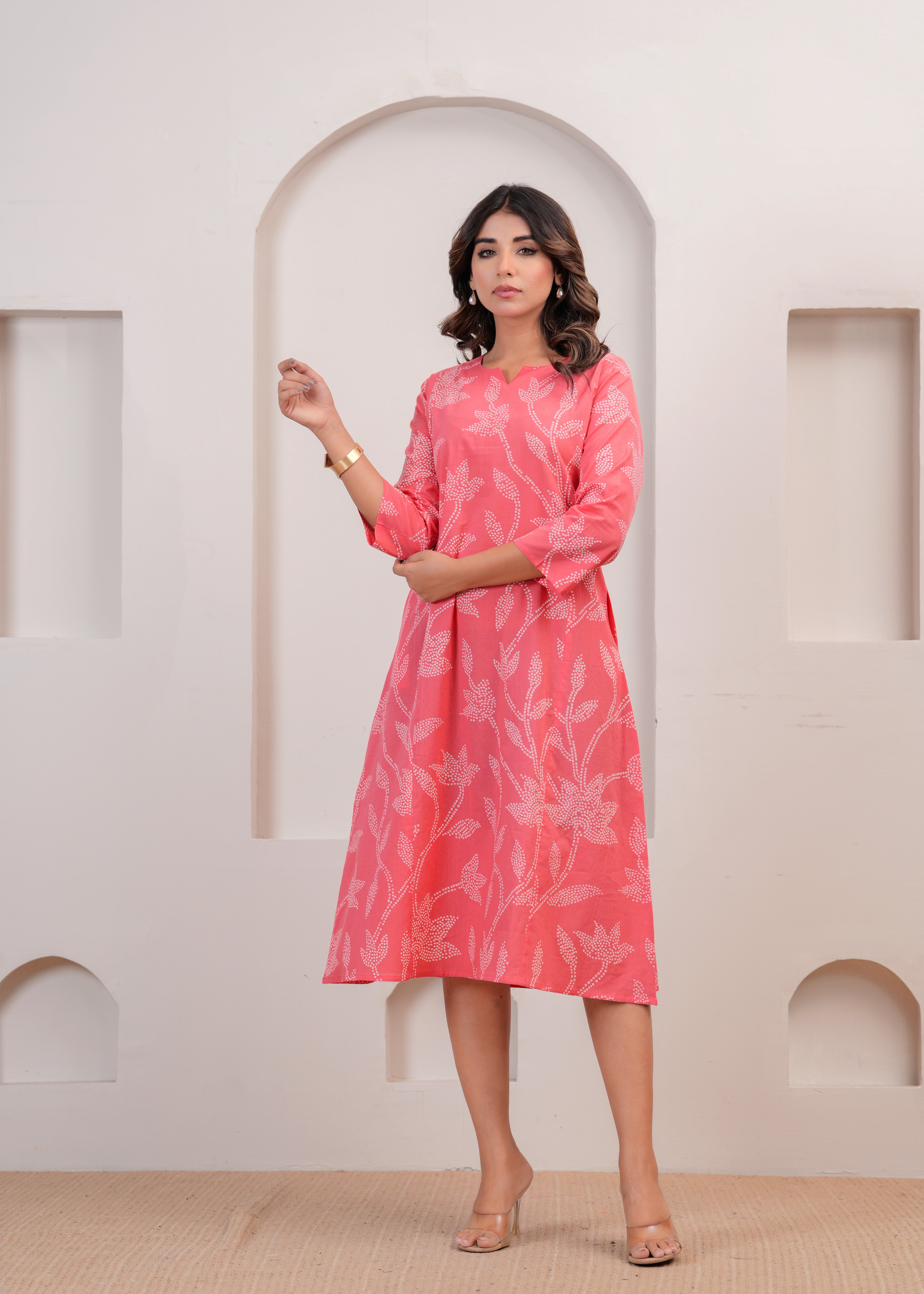 Coral Pink Floral A-line Dress