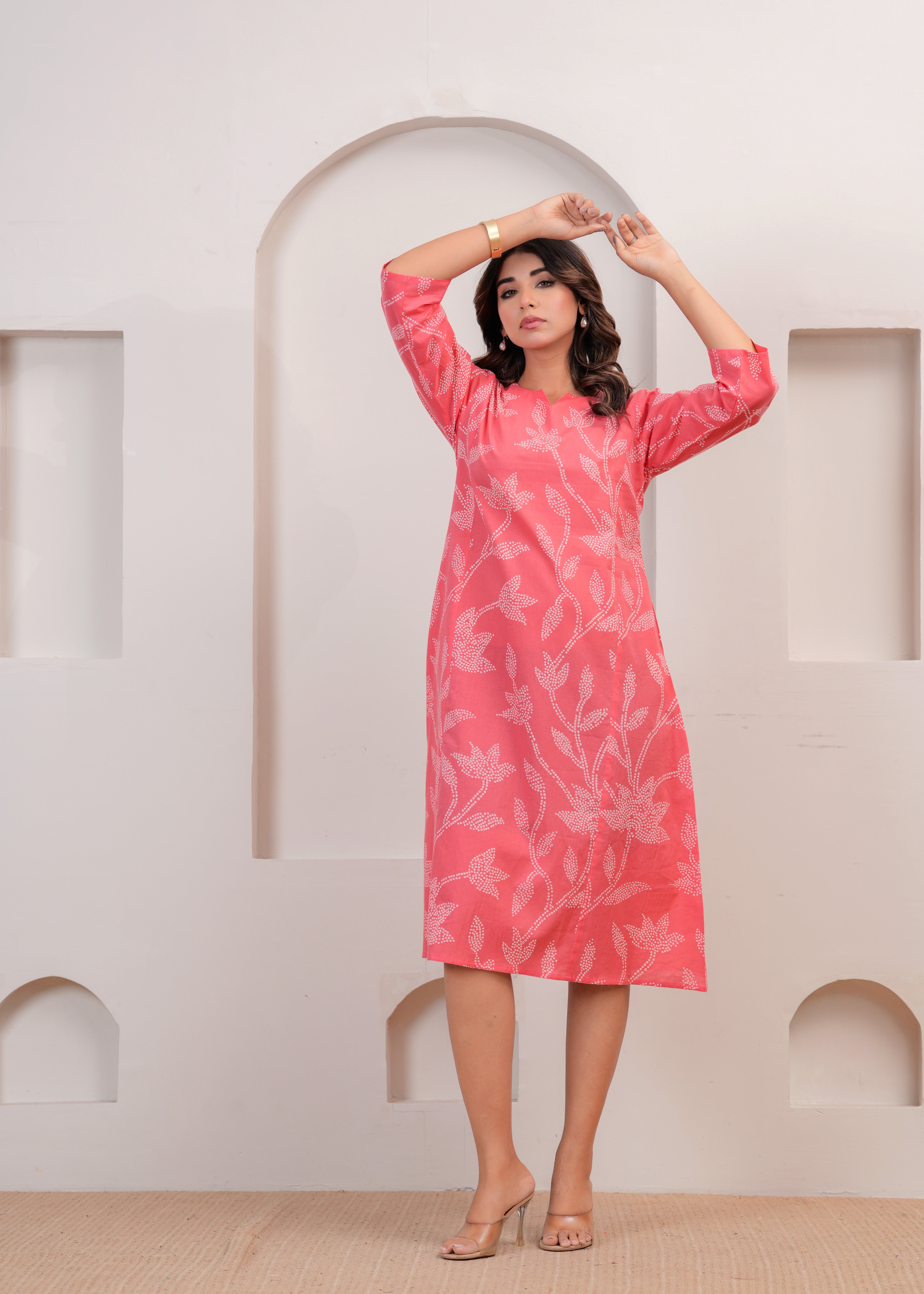 Coral Pink Floral A-line Dress