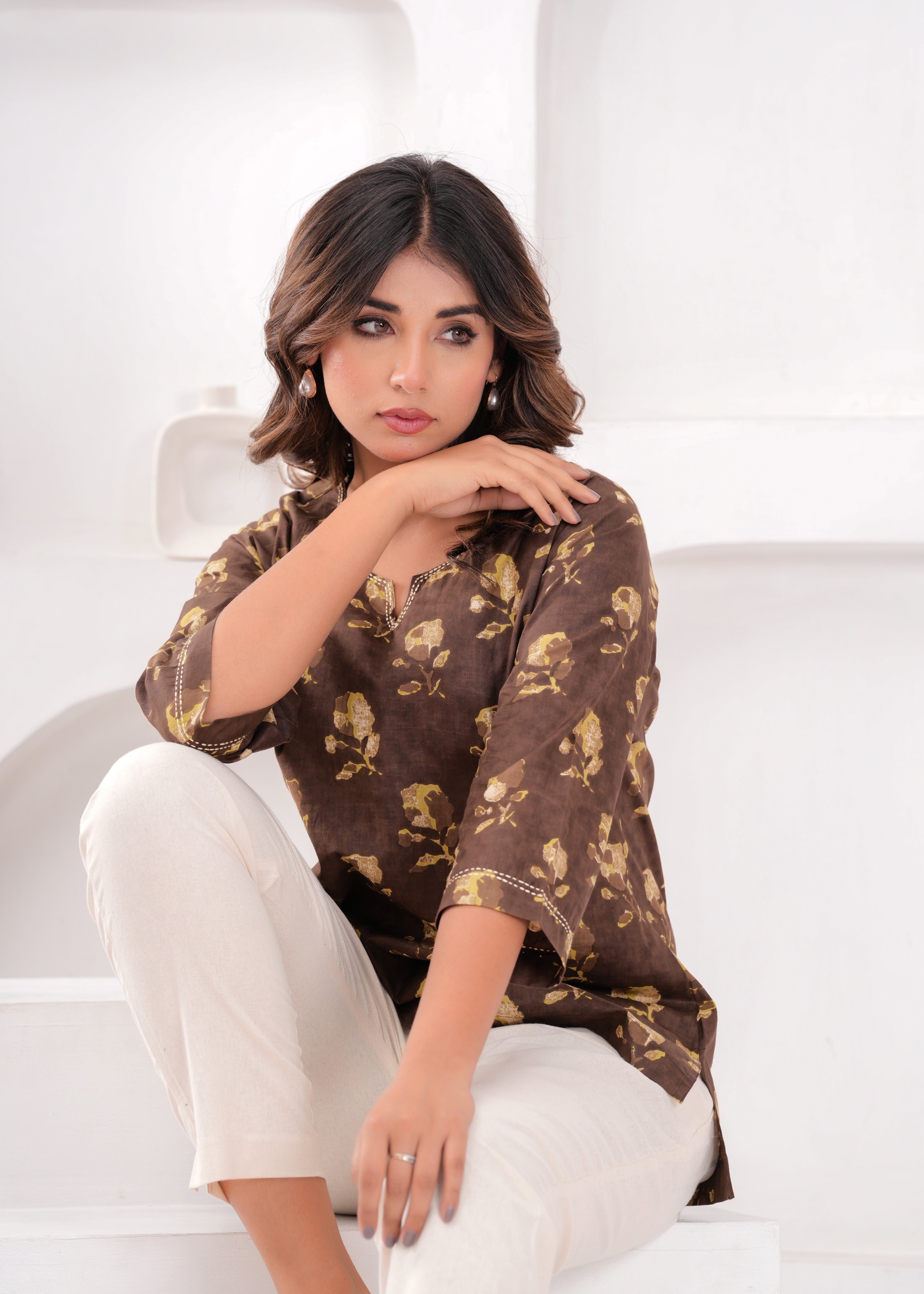 Cocoa Brown Printed Cotton Top