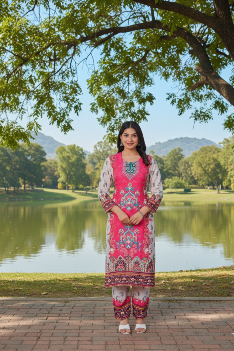 Sanjh Collection Pure Muslin Printed Kurta Set – Timeless Evening Elegance