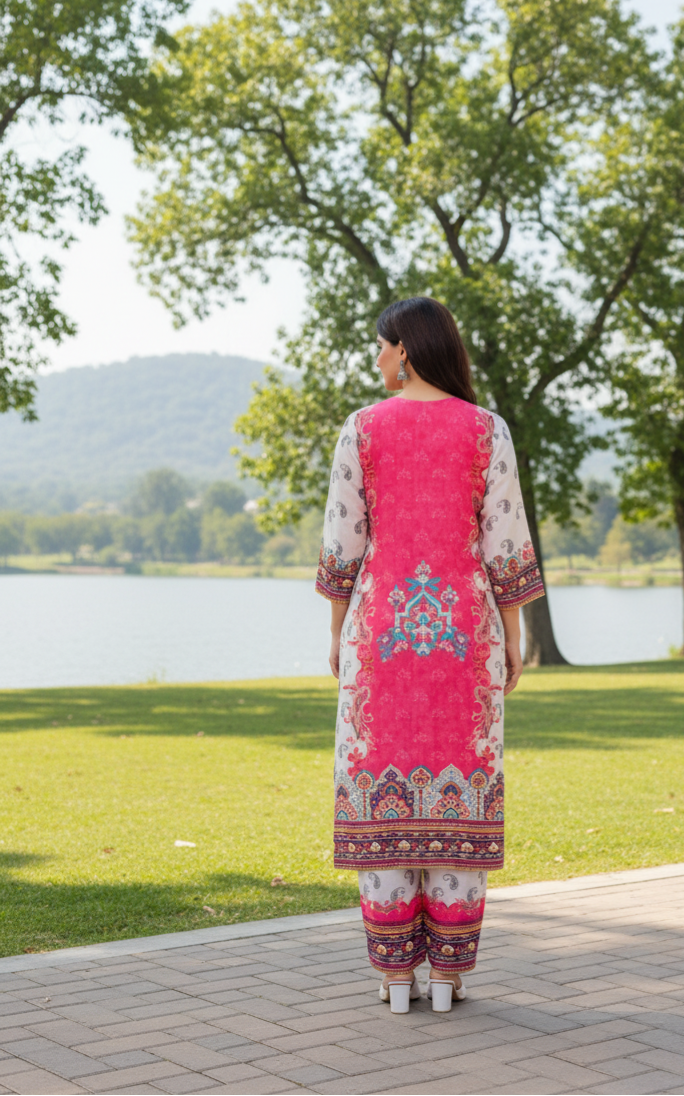 Sanjh Collection Pure Muslin Printed Kurta Set – Timeless Evening Elegance