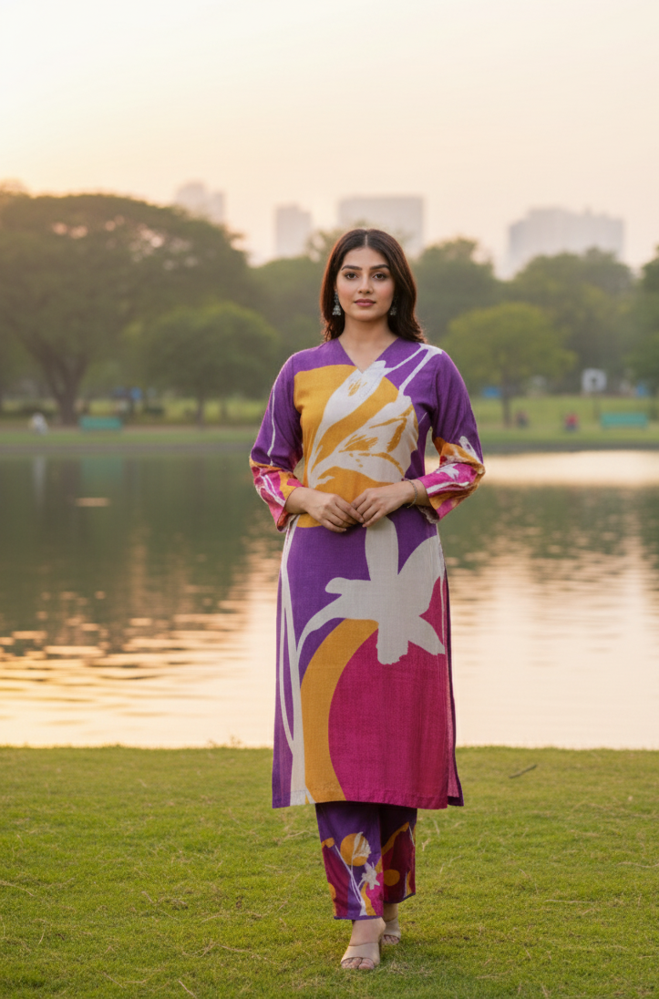 Sanjh Collection Pure Muslin Printed Kurta Set – Timeless Evening Elegance