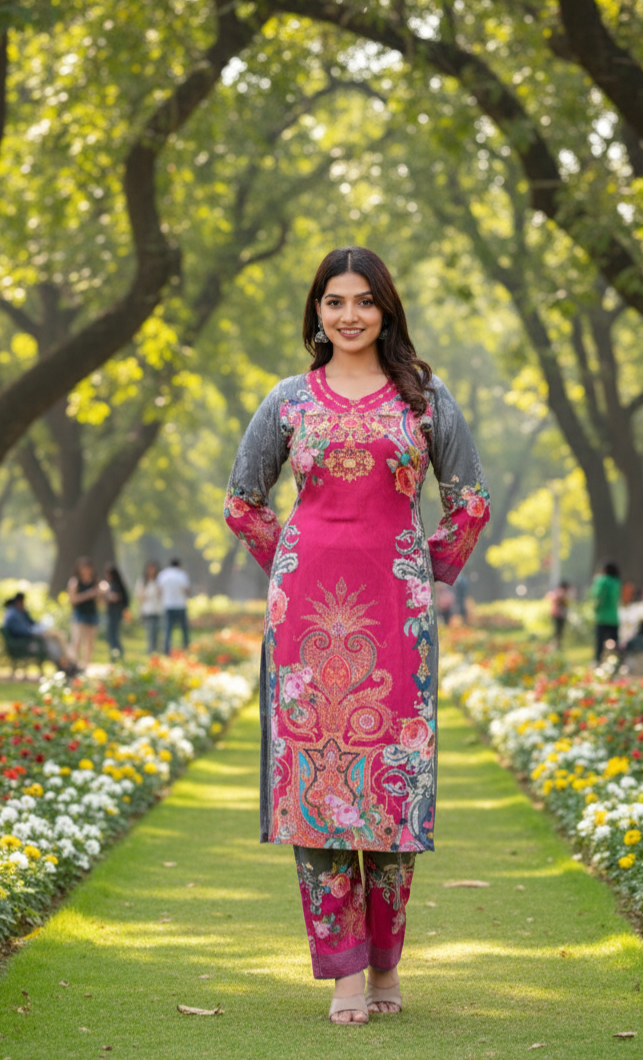Sanjh Collection Pure Muslin Printed Kurta Set – Timeless Evening Elegance