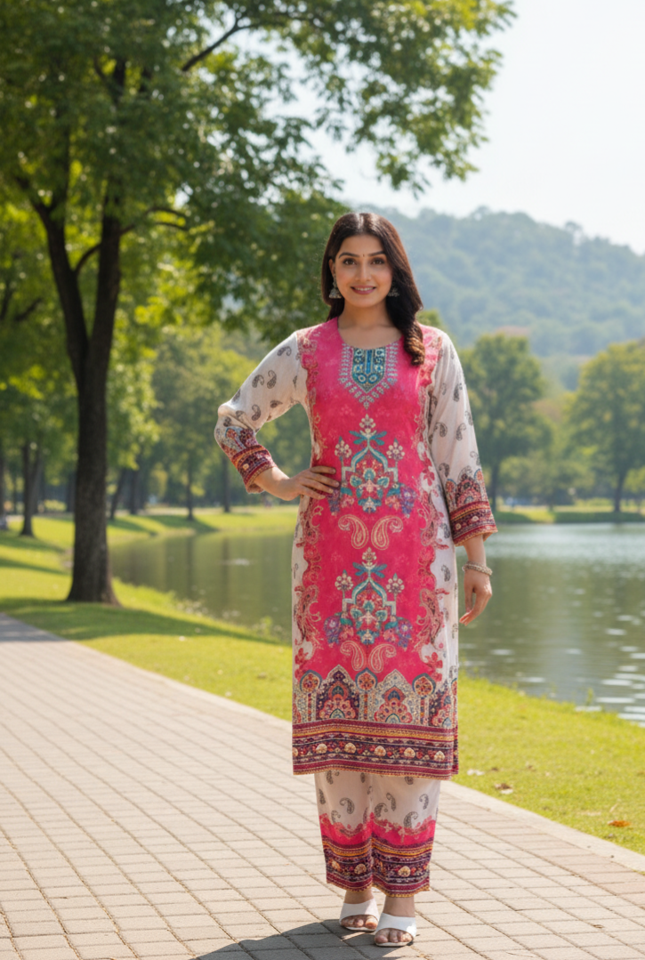 Sanjh Collection Pure Muslin Printed Kurta Set – Timeless Evening Elegance