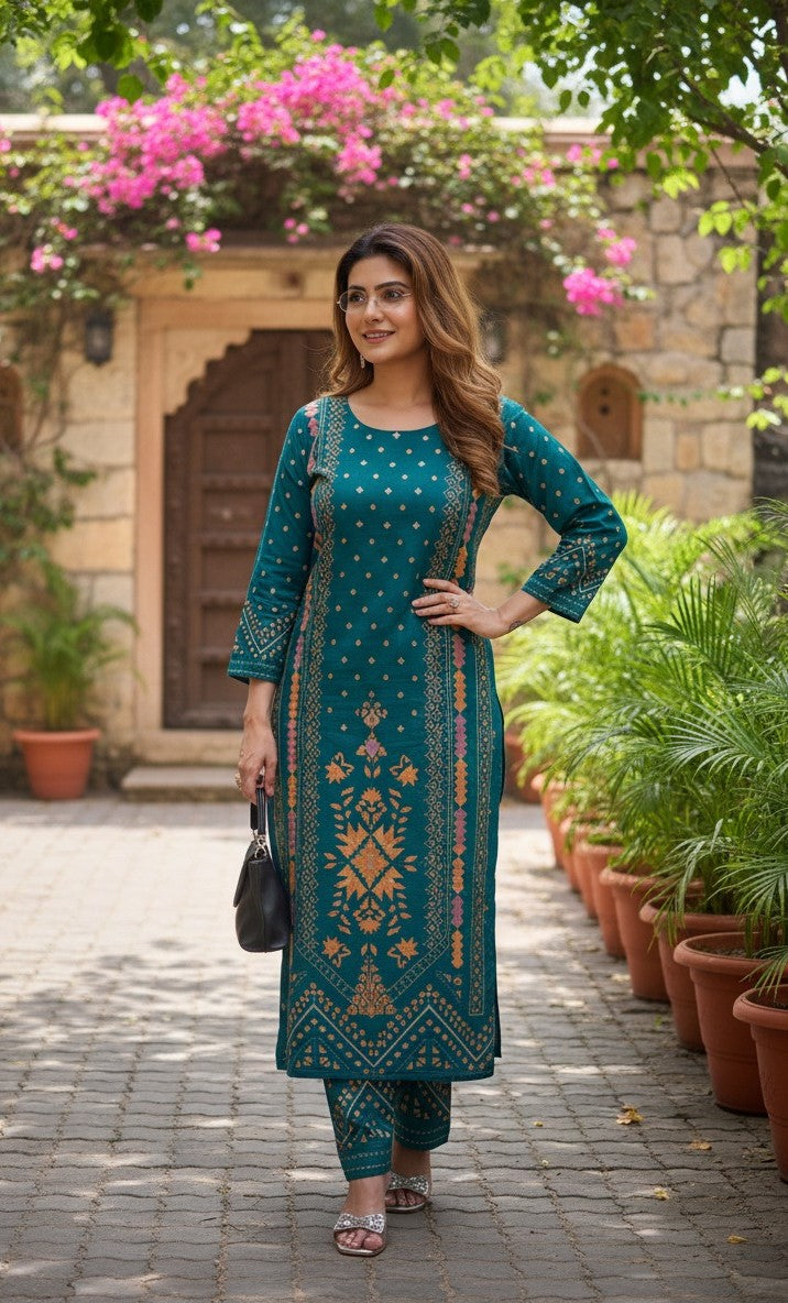 Sanjh Teal Pure Muslin Co-ord Set /Pant Set