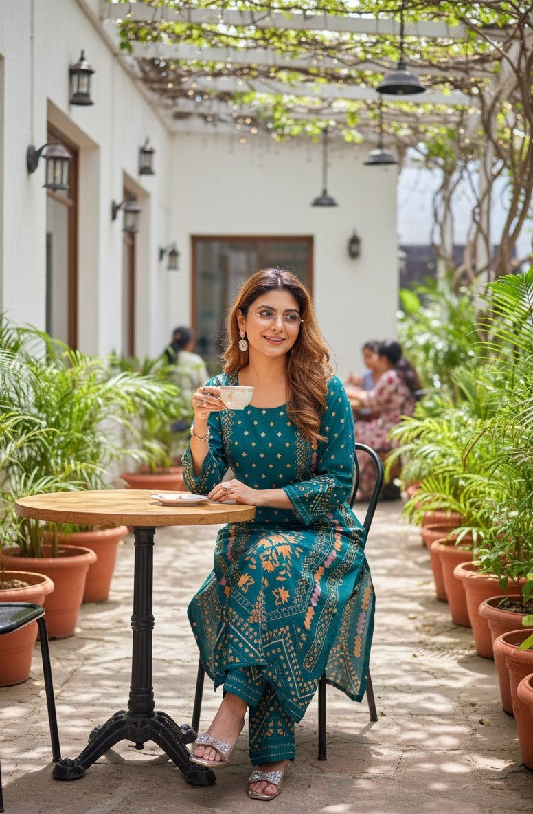 Sanjh Teal Pure Muslin Co-ord Set /Pant Set