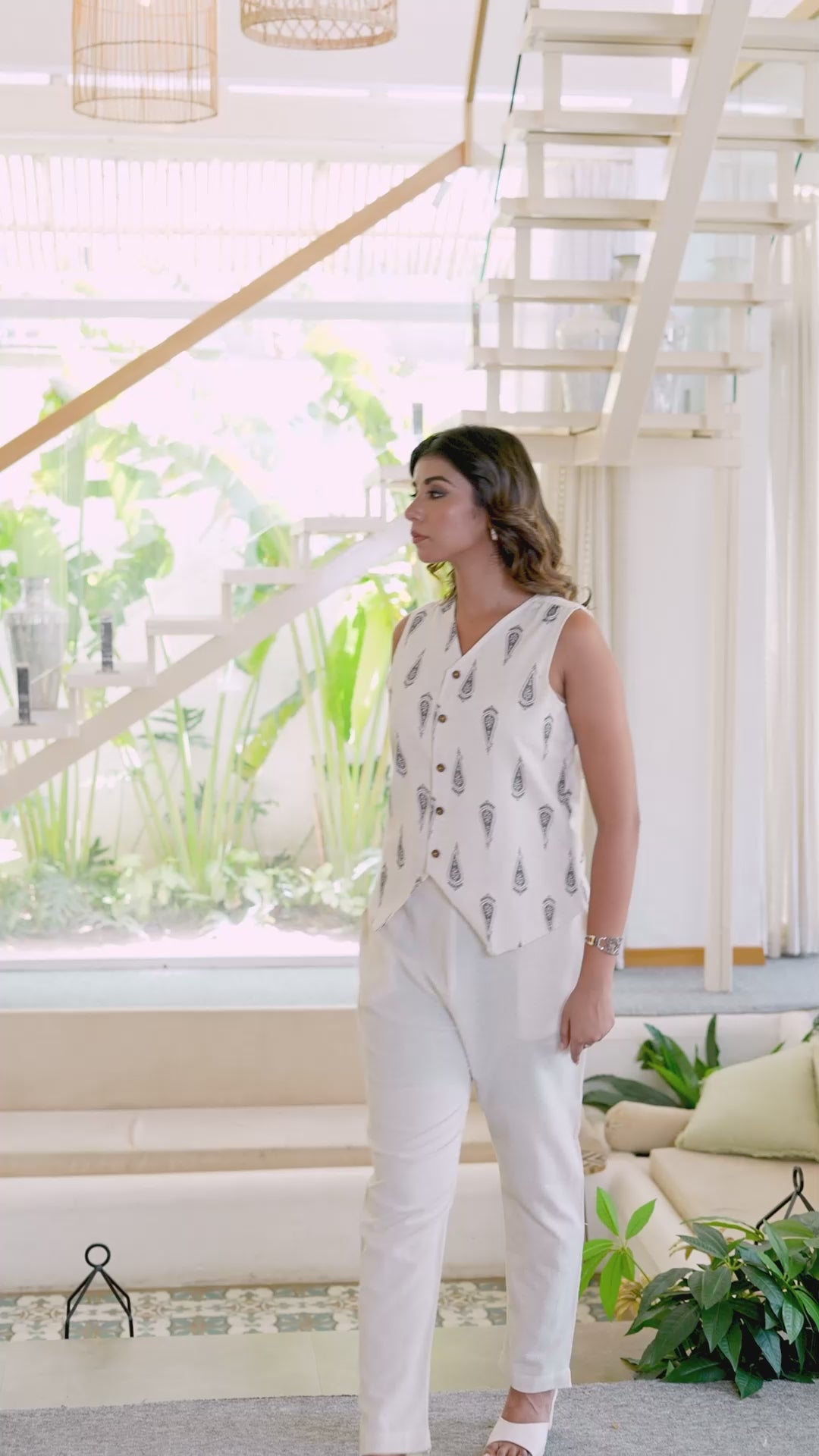 Ivory Linen Cotton Sleeveless Shirt Top – Hand Block Printed Elegance