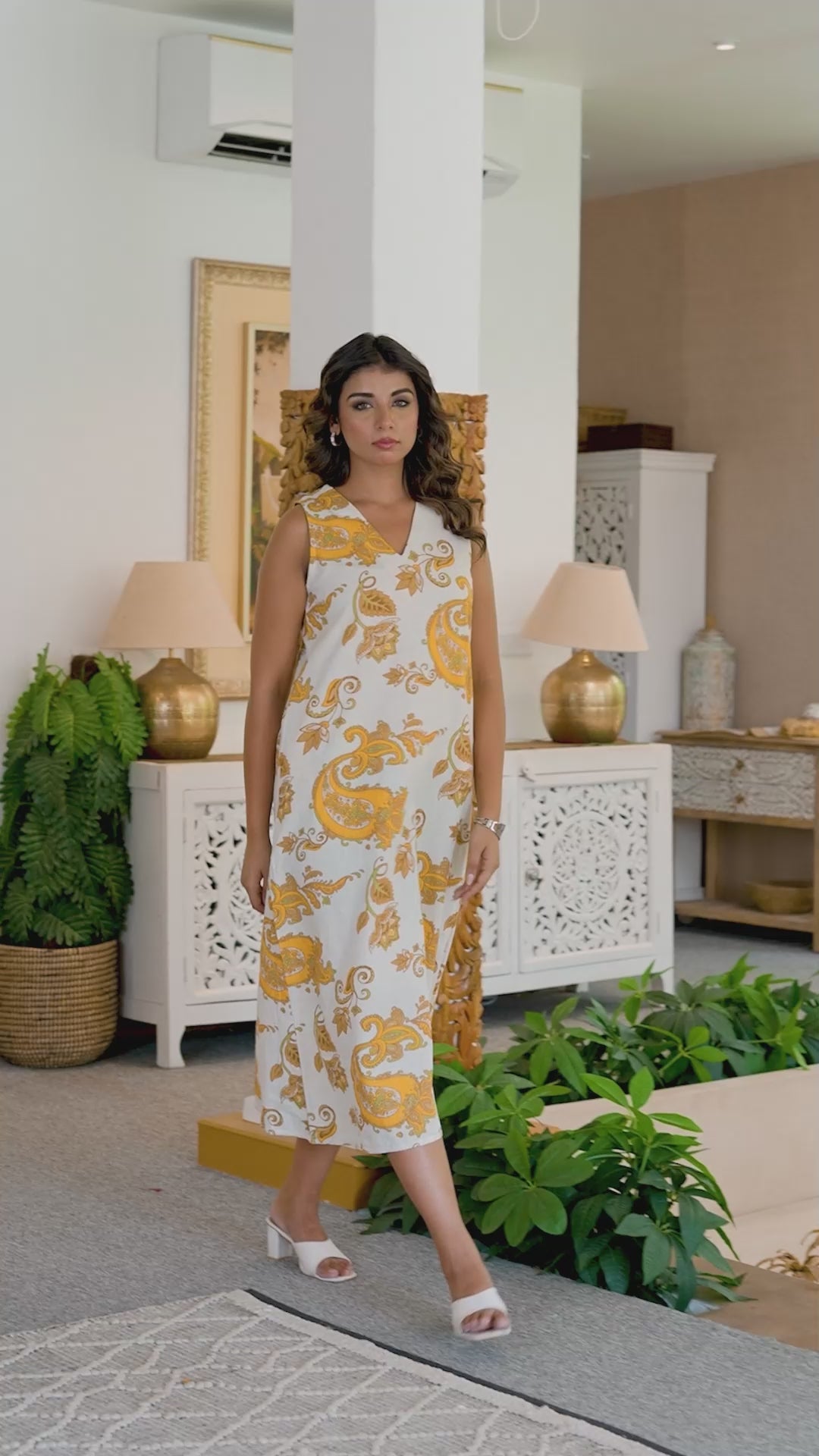 Ivory & Mustard Sleeveless Linen Cotton Dress – Blooming Paisley Elegance